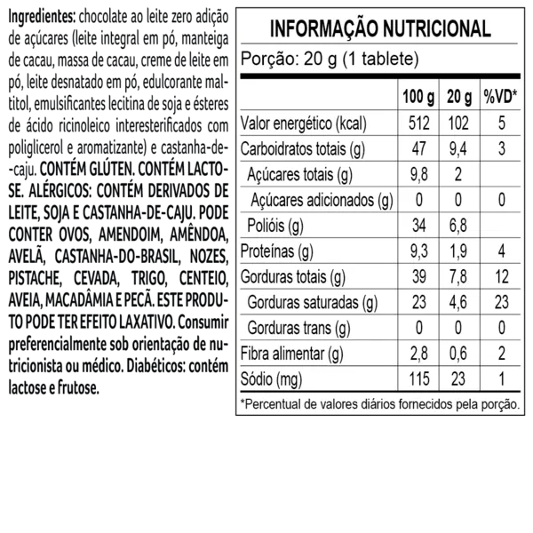 Tablete Bless Zero Adição de Açúcar Castanha de Cajú 20g - foto 2