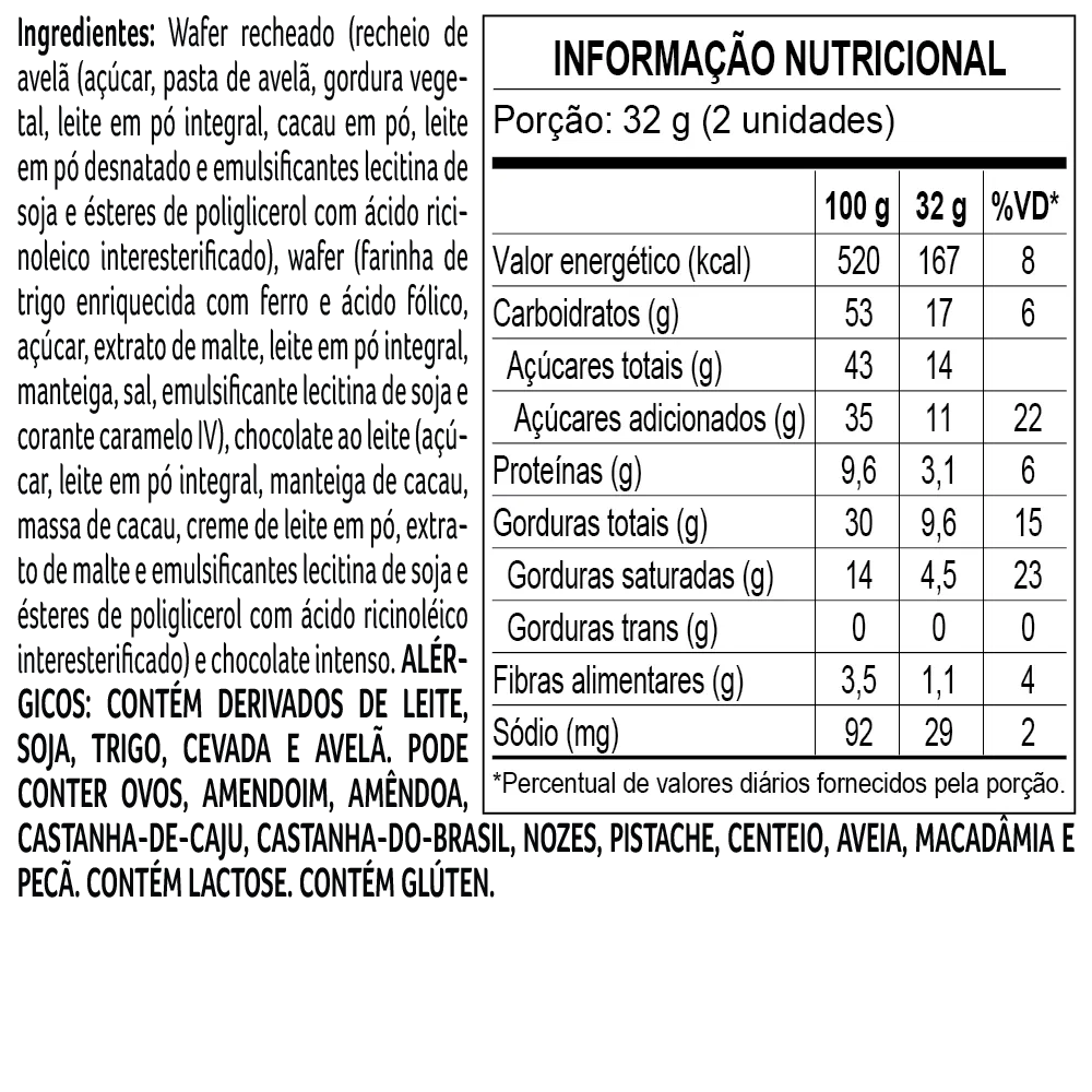 Wafer Recheado de Avelã Coberto de Chocolate ao Leite 32g - foto 2