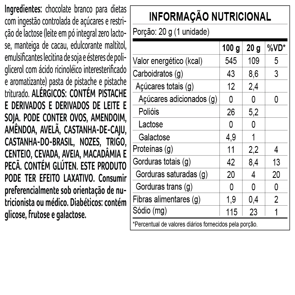 Tablete Bless Zero Açúcar e Zero Lactose de Chocolate Branco com Pistache 20g - foto 2
